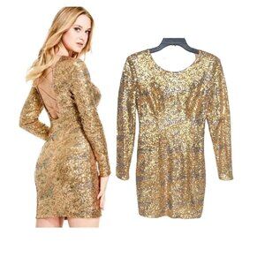 ⭐GUESS Klara Womens Sz 4 Gold Bronze Sequin Dress Elastic Cross Back Long Sleeve